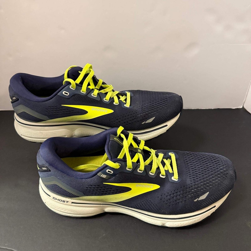 Brooks Ghost 15 Mens Running Shoes Navy Blue Lime Green Sneakers Size 10